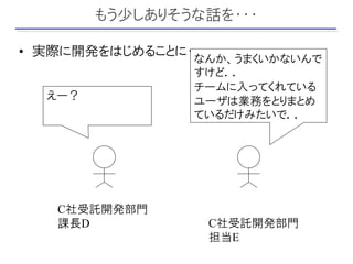 もう少しありそうな話を・・・

• 実際に開発をはじめることに・・・
                なんか、うまくいかないんで
                すけど．．
                チームに入ってくれている
  えー？           ユーザは業務をとりまとめ
                ているだけみたいで．．




   C社受託開発部門
   課長D               C社受託開発部門
                     担当E
 