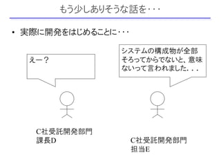 もう少しありそうな話を・・・

• 実際に開発をはじめることに・・・

                システムの構成物が全部
  えー？           そろってからでないと、意味
                ないって言われました．．．




   C社受託開発部門
   課長D               C社受託開発部門
                     担当E
 