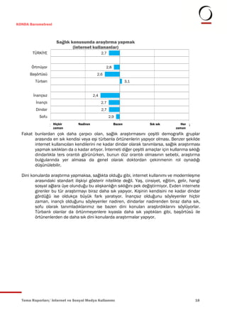 KONDA Barometresi



                       Sağlık konusunda araştırma yapmak
                               (internet kullananlar)
       TÜRKİYE                                  2,7


       Örtmüyor                                   2,8
      Başörtüsü                             2,6
         Türban                                                 3,1


        İnançsız                          2,4
         İnançlı                                2,7
         Dindar                                 2,7
           Sofu                                       2,9

                   1 Hiçbir     Nadiren                 Bazen
                                                           3           Sık sık          Her 5
                     zaman                                                           zaman
  Fakat bunlardan çok daha çarpıcı olan, sağlık araştırmasını çeşitli demografik gruplar
        arasında en sık kendisi veya eşi türbanla örtünenlerin yapıyor olması. Benzer şekilde
        internet kullanıcıları kendilerini ne kadar dindar olarak tanımlarsa, sağlık araştırması
        yapmak sıklıkları da o kadar artıyor. İnterneti diğer çeşitli amaçlar için kullanma sıklığı
        dindarlıkla ters orantılı görünürken, bunun düz orantılı olmasının sebebi, araştırma
        bulgularında yer almasa da genel olarak doktordan çekinmenin rol oynadığı
        düşünülebilir.

  Dini konularda araştırma yapmaksa, sağlıkta olduğu gibi, internet kullanımı ve modernleşme
         arasındaki standart ilişkiyi gösterir nitelikte değil. Yaş, cinsiyet, eğitim, gelir, hangi
         sosyal ağlara üye olunduğu bu alışkanlığın sıklığını pek değiştirmiyor. Evden internete
         girenler bu tür araştırmayı biraz daha sık yapıyor. Kişinin kendisini ne kadar dindar
         gördüğü ise oldukça büyük fark yaratıyor. İnançsız olduğunu söyleyenler hiçbir
         zaman, inançlı olduğunu söyleyenler nadiren, dindarlar nadirenden biraz daha sık,
         sofu olarak tanımladıklarımız ise bazen dini konuları araştırdıklarını söylüyorlar.
         Türbanlı olanlar da örtünmeyenlere kıyasla daha sık yaptıkları gibi, başörtüsü ile
         örtünenlerden de daha sık dini konularda araştırmalar yapıyor.




  Tema Raporları/ Internet ve Sosyal Medya Kullanımı                                            18
 