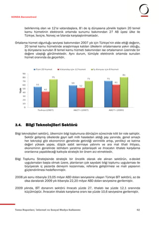 KONDA Barometresi



         belirlenmiş olan ve 12’si vatandaşlara, 8’i de iş dünyasına yönelik toplam 20 temel
         kamu hizmetinin elektronik ortamda sunumu bakımından 27 AB üyesi ülke ile
         Türkiye, İsviçre, Norveç ve İzlanda karşılaştırılmaktadır.

  Ortalama hizmet olgunluğu seviyesi bakımından 2007 yılı için Türkiye’nin elde ettiği değerin,
        20 temel kamu hizmetinde araştırmaya katılan ülkelerin ortalamasına yakın olduğu,
        iş dünyasına sunulan 8 temel kamu hizmeti bakımından ise ortalamanın üzerinde bir
        değere ulaştığı görülmektedir. Aynı durum, tümüyle elektronik ortamda sunulan
        hizmet oranında da geçerlidir.




  3.4.    Bilgi Teknolojileri Sektörü
  Bilgi teknolojileri sektörü, ülkemizin bilgi toplumuna dönüşüm sürecinde kilit bir role sahiptir.
          Sektör gelişmiş ülkelerde gayri safi milli hasıladan aldığı pay yanında, genel amaçlı
          her teknoloji gibi ekonominin genelinde getirdiği verimlilik artışı, yenilikçi ve katma
          değeri yüksek yapısı, düşük sabit sermaye yatırımı ve ara mal ithali ihtiyacı,
          ekonominin genelinde istihdam yaratma potansiyeli ve ihracatın ithalatı karşılama
          oranlarına yapabileceği katkıyla stratejik bir önem arz etmektedir.

  Bilgi Toplumu Stratejisinde stratejik bir öncelik olarak ele alınan sektörün, e-devlet
         uygulamaları başta olmak üzere, planlanan çok sayıdaki bilgi toplumu uygulaması ile
         büyüyecek iç pazarda deneyim kazanması, referans geliştirmesi ve mali yapısının
         güçlendirilmesi hedeflenmiştir.

  2008 yılı sonu itibarıyla 23,05 milyar ABD doları seviyesine ulaşan Türkiye BİT sektörü, az da
        olsa daralarak 2009 yılı itibarıyla 22,20 milyar ABD doları seviyesine gerilemiştir.

  2009 yılında, BİT donanım sektörü ihracatı yüzde 27, ithalatı ise yüzde 12,1 oranında
       küçülmüştür. İhracatın ithalatı karşılama oranı ise yüzde 10,6 seviyesine gerilemiştir.




  Tema Raporları/ Internet ve Sosyal Medya Kullanımı                                            42
 
