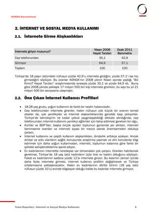 KONDA Barometresi



  2. İNTERNET VE SOSYAL MEDYA KULLANIMI
  2.1. İnternete Girme Alışkanlıkları


                                                               Nisan 2008        Ocak 2011
  İnternete giriyor musunuz?
                                                              Hayat Tarzları     Barometre
  Cep telefonundan                                                35,1              42,9
  Girmiyor                                                         64,9             57,1
  Toplam                                                           100               100

  Türkiye’de 18 yaşın üstündeki nüfusun yüzde 42,9’u internete girdiğini, yüzde 57,1’i ise hiç
         girmediğini söylüyor. Bu oranlar KONDA’nın 2008 yılının Nisan ayında yaptığı “Biz
         Kimiz? Hayat Tarzları” araştırmasında sırasıyla yüzde 35,1 ve yüzde 64,9 idi. Buna
         göre 2008 yılında yaklaşık 17 milyon 500 bin kişi internete girerken, bu sayı bu yıl 21
         milyon 500 bin seviyesine ulaşmıştır.

  2.2. Öne Çıkan İnternet Kullanıcı Profilleri

        18-28 yaş grubu, yoğun kullanımı ile farklı bir neslin habercisidir.
        Cep telefonundan internete girenler, halen nüfusun çok küçük bir oranını temsil
         etseler de, çok yenilikçiler ve internet alışkanlıklarında genelde başı çekiyorlar.
         Türkiye’de teknolojinin ne kadar çabuk yaygınlaşabildiği dikkate alındığında, cep
         telefonundan internet kullanımı yenilikçi eğilimler için takip edilmesi gereken bir olgu.
        Kürtler ve BDP’liler, başka birçok açıdan toplumun gerisinde yer alırken, interneti
         benimseme oranları ve interneti siyasi bir mecra olarak önemsemeleri oldukça
         çarpıcı.
        İnternet kullanımı ve çeşitli kullanım alışkanlıkları, dindarlık arttıkça azalıyor. Ancak
         dindar ve sofu olanların sağlık konusunda araştırma yapmak ve dini konularda bilgi
         edinmek için daha yoğun kullanmaları, interneti, toplumun kalanına göre farklı bir
         şekilde sahiplendiklerine işaret ediyor.
        Ev kadınlarının internette neredeyse var olmamaları çok çarpıcı. Oranları hatırlamak
         gerekirse, Türkiye’de 18 yaş üstü kadınların üçte ikisi ev kadını olduğunu söylüyor.
         Fakat ev kadınlarının sadece yüzde 12’si internete giriyor. Bu kesimin zaman içinde
         daha fazla internete girmesi, internet kullanıcı profilini değiştirecek ve Türkiye
         ortalamasına yaklaştıracaktır. Halen ev kadınlarının dörtte birinin (18 yaş üstü
         nüfusun yüzde 10’u) evinde bilgisayar olduğu halde bu kadınlar internete girmiyor.




  Tema Raporları/ Internet ve Sosyal Medya Kullanımı                                           6
 