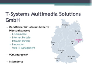T-Systems Multimedia Solutions
GmbH
                                                     Hamburg
   Marktführer für Internet-basierte
    Dienstleistungen:                                                 Berlin
     E-Commerce
     Internet Portale
                                                                      Dresden
     Intranet Portale                                         Jena
                                        Bonn
     Innovation
     Web IT Management
                                               Stuttgart

   900 Mitarbeiter
                                                           München
                                          Freiburg
   8 Standorte
 