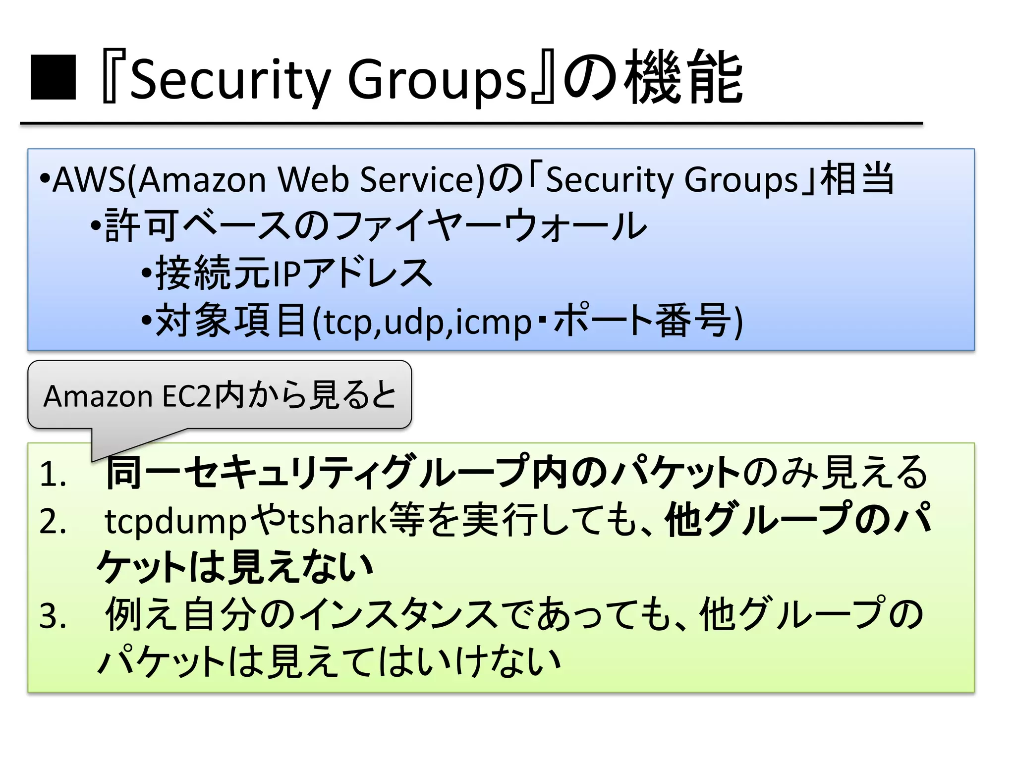 ■ 『Security Groups』の機能
•AWS(Amazon Web Service)の「Security Groups」相当
  •許可ベースのファイヤーウォール
     •接続元IPアドレス
     •対象項目(tcp,udp,icmp・ポート番号)
Amazon EC2内から見ると

1. 同一セキュリティグループ内のパケットのみ見える
2. tcpdumpやtshark等を実行しても、他グループのパ
   ケットは見えない
3. 例え自分のインスタンスであっても、他グループの
   パケットは見えてはいけない
 