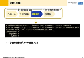 # swift-auth-add-user -K devauth (-a) <account> <user> <passwd>
# st -A https://x.y.z.z:11000/v1.0 -U <account>:<user> -K <passwd> stat
Account: AUTH_22e633cfd4774c35b53936b09e21d963
Containers: 0
   Objects: 0
     Bytes: 0



•




    ©
 