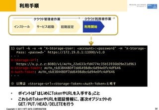 1) curl -k -v -H 'X-Storage-User: <account>:<password' -H 'X-Storage-
   Pass: <passwd>' https://172.19.0.1:11000/v1.0

X-Storage-Url:
   https://x.y.z.z:8080/v1/AUTH_22e633cfd4774c35b53936b09e21d963
X-Storage-Token: AUTH_tk8384480f7dd6498dbc6d94e0fc4df646
X-Auth-Token: AUTH_tk8384480f7dd6498dbc6d94e0fc4df646


        <Storage-Url><Storage-Token><Auth-Token>


•
•

    ©
 