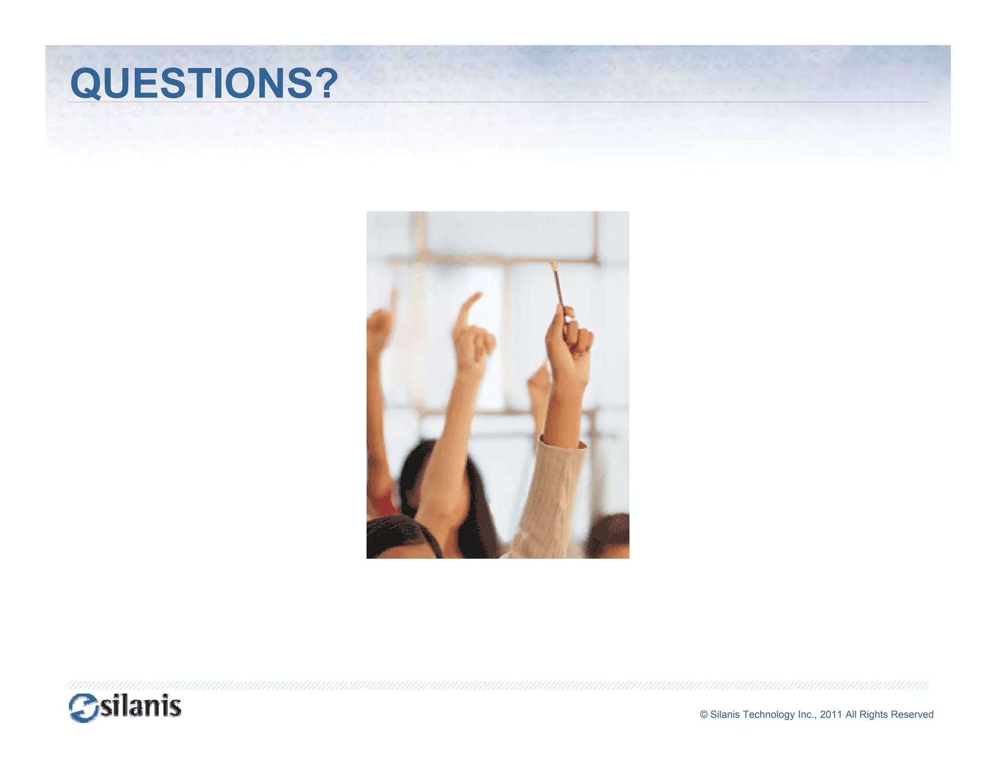 QUESTIONS?




             ©© Silanis Technology Inc., 2010 All Rights Reserved
              Silanis Technology Inc., 2011 All Rights Reserved
 