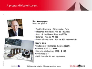 A propos d’Alcatel-Lucent Ben Verwaayen Directeur général <ul><li>PROFIL R&D </li></ul><ul><li>Budget :  2,4 milliards d’e...
