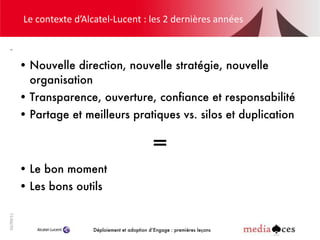 Le contexte d’Alcatel-Lucent : les 2 dernières années <ul><li>Nouvelle direction, nouvelle stratégie, nouvelle organisatio...