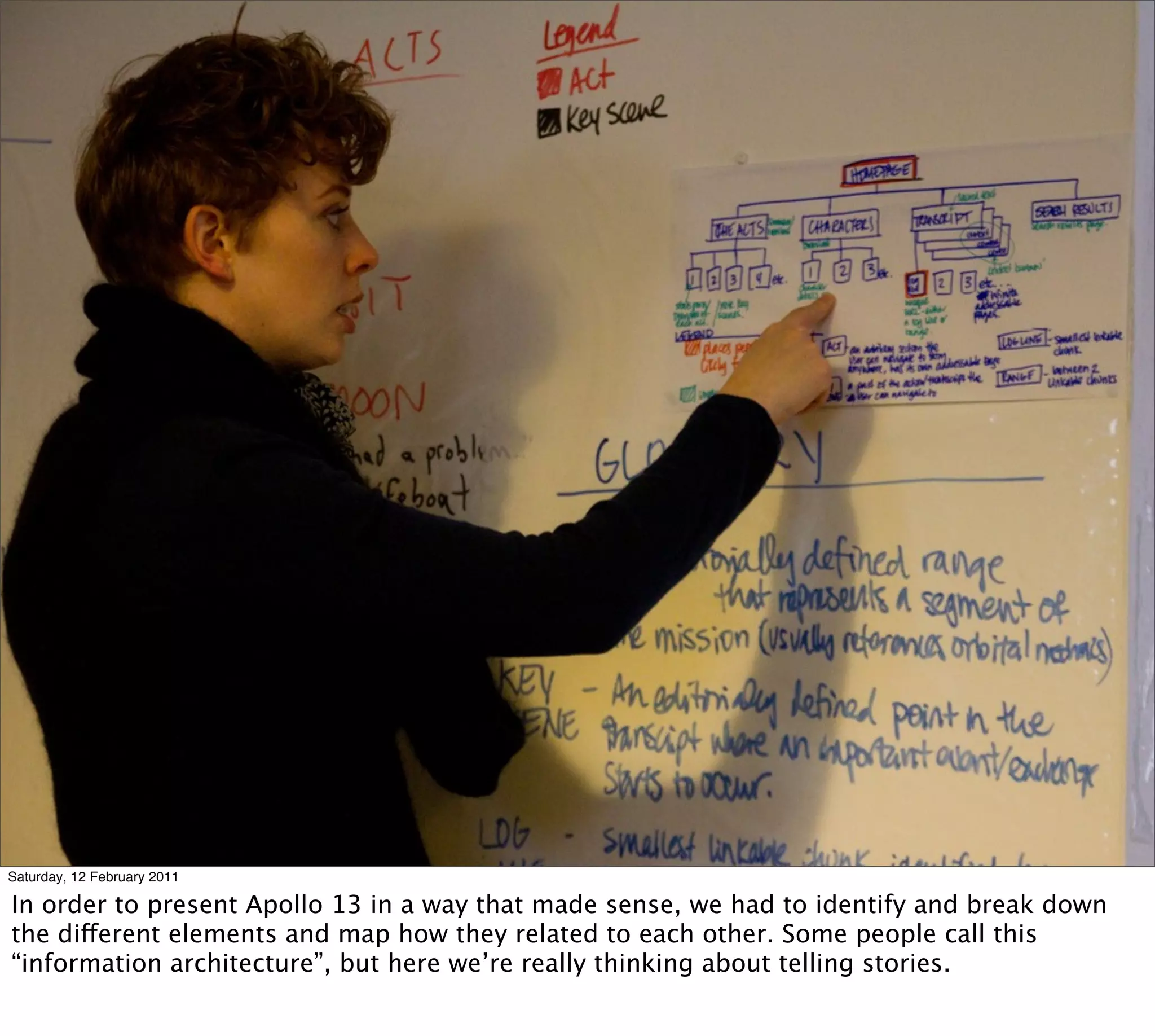 Saturday, 12 February 2011

In order to present Apollo 13 in a way that made sense, we had to identify and break down
the different elements and map how they related to each other. Some people call this
“information architecture”, but here we’re really thinking about telling stories.
 