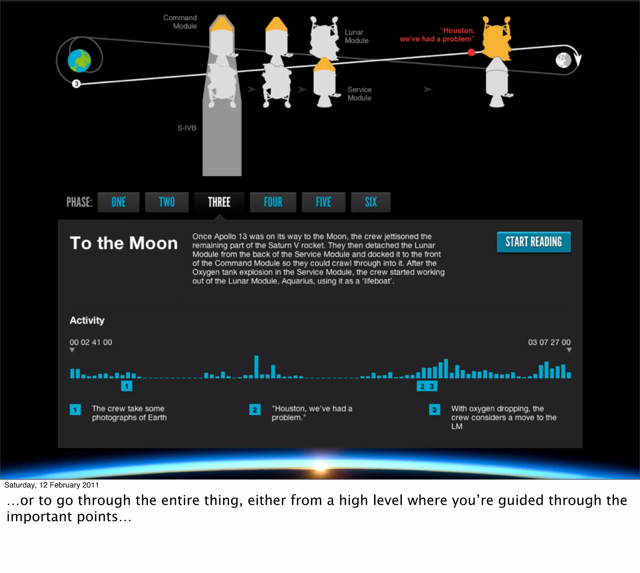Saturday, 12 February 2011

…or to go through the entire thing, either from a high level where you’re guided through the
important points…
 