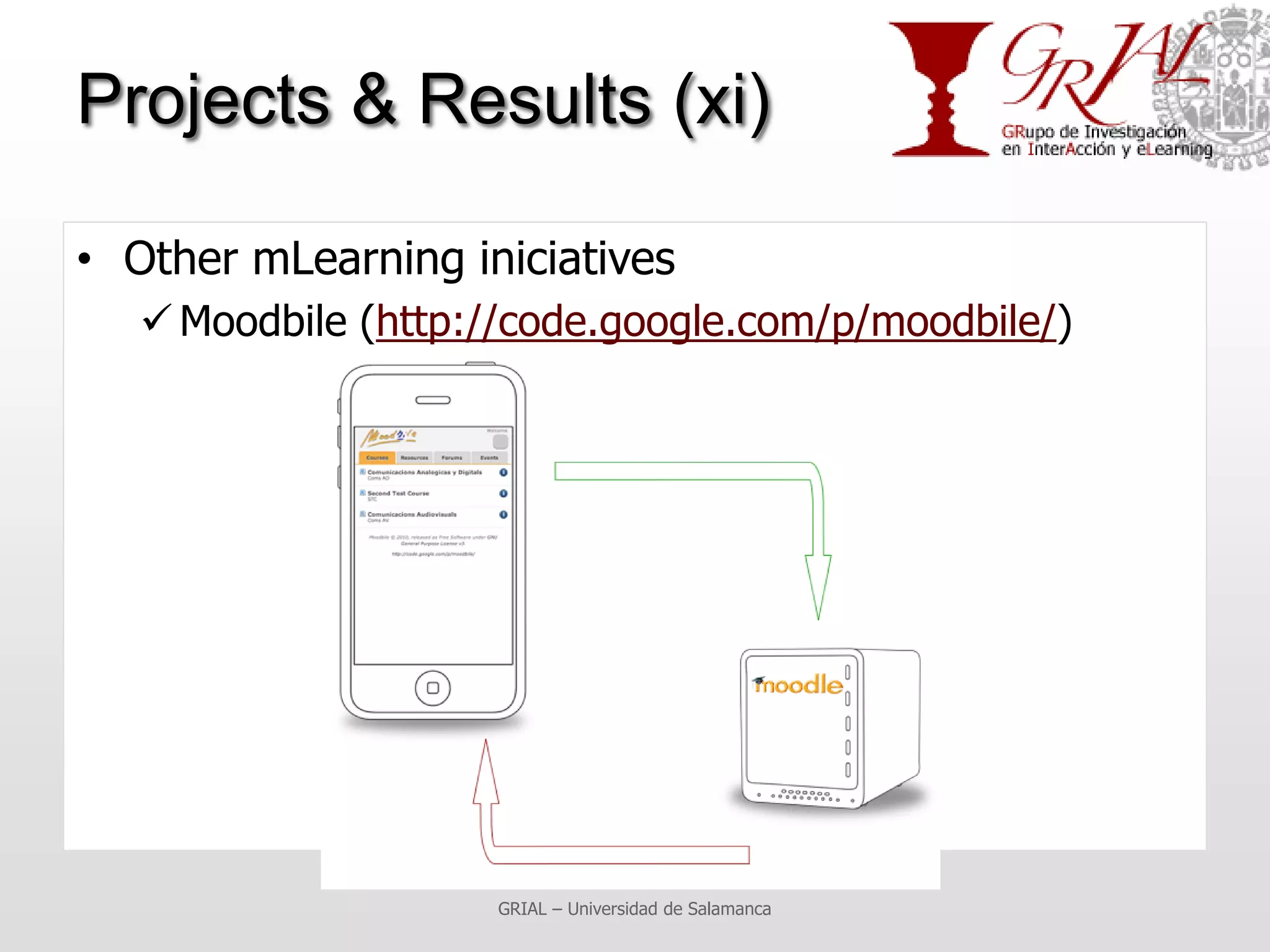 Projects & Results (xi)

• Other mLearning iniciatives
    Moodbile (http://code.google.com/p/moodbile/)




                     GRIAL – Universidad de Salamanca
 