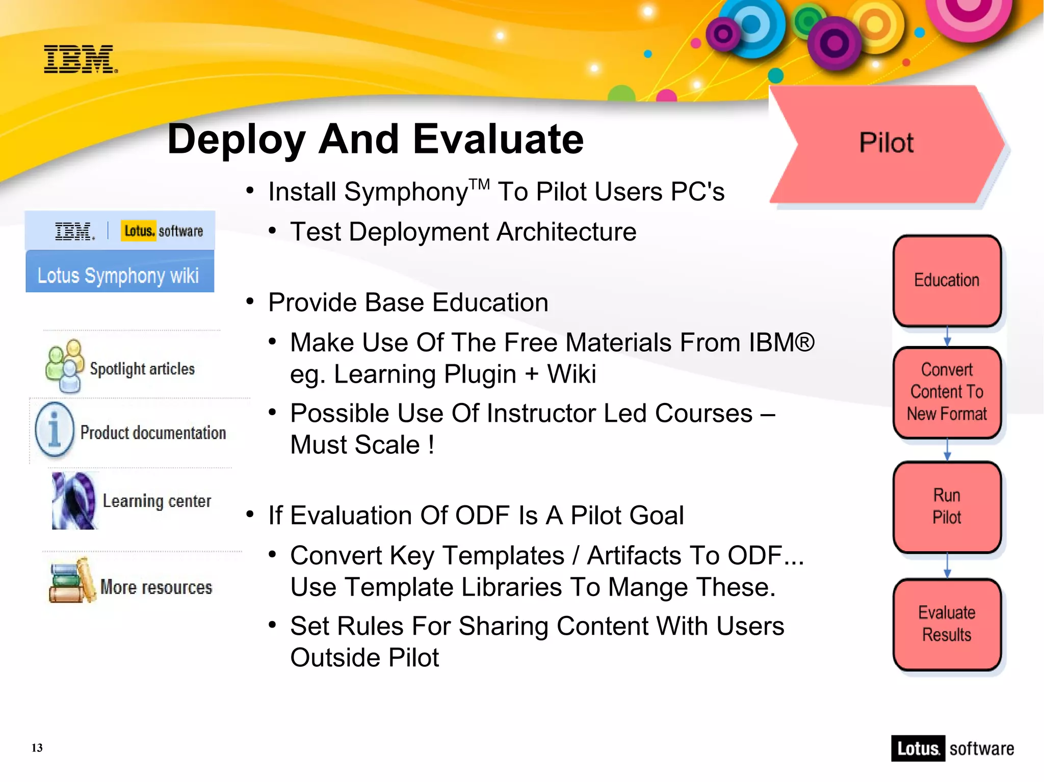 Deploy And Evaluate
        ●
            Install SymphonyTM To Pilot Users PC's
            ●
                Test Deployment Architecture

        ●
            Provide Base Education
            ●
                Make Use Of The Free Materials From IBM®
                eg. Learning Plugin + Wiki
            ●
                Possible Use Of Instructor Led Courses –
                Must Scale !

        ●
            If Evaluation Of ODF Is A Pilot Goal
            ●
                Convert Key Templates / Artifacts To ODF...
                Use Template Libraries To Mange These.
            ●
                Set Rules For Sharing Content With Users
                Outside Pilot


13
 