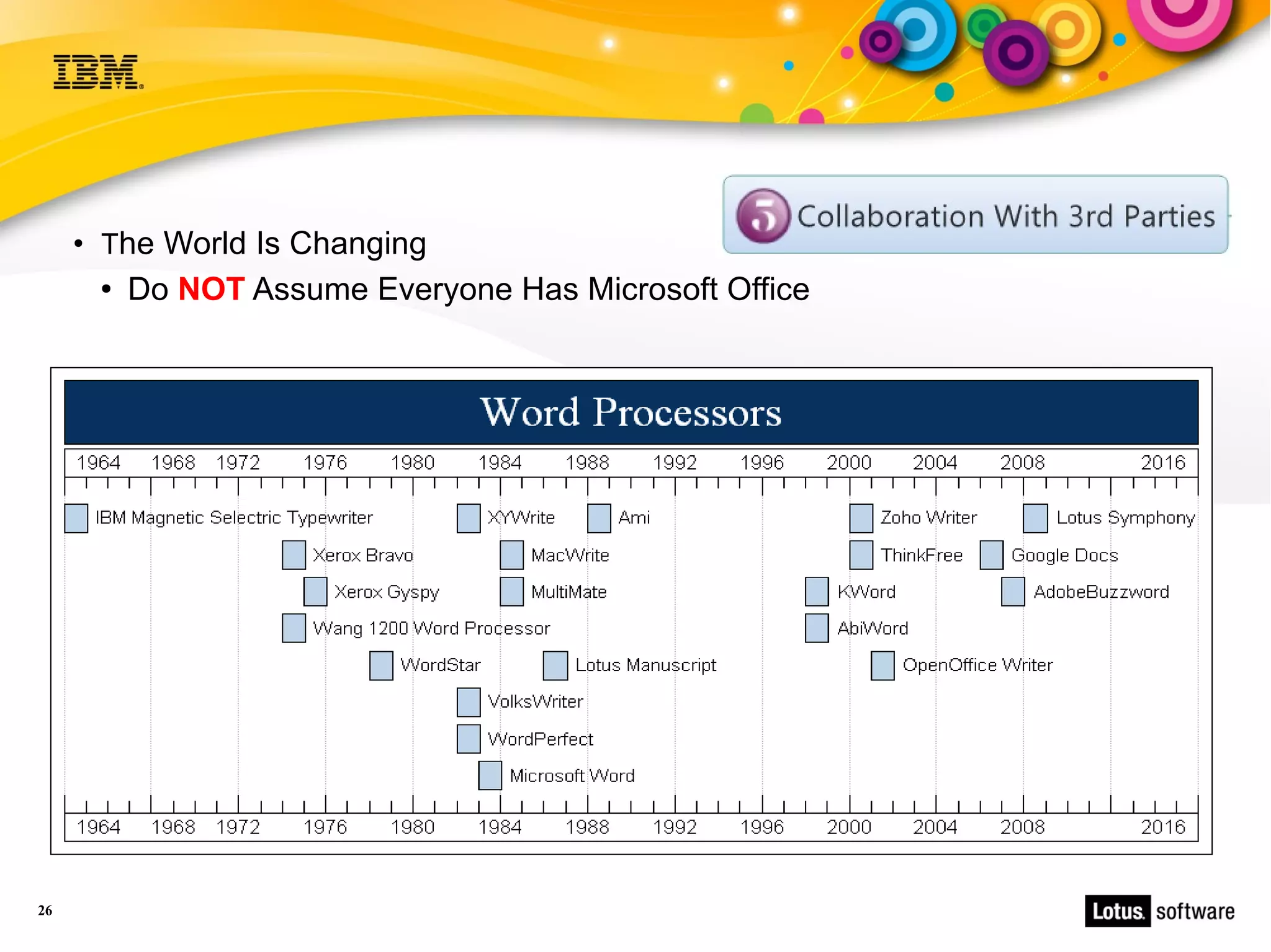 ●
         The World Is Changing
         ●   Do NOT Assume Everyone Has Microsoft Office




26
 