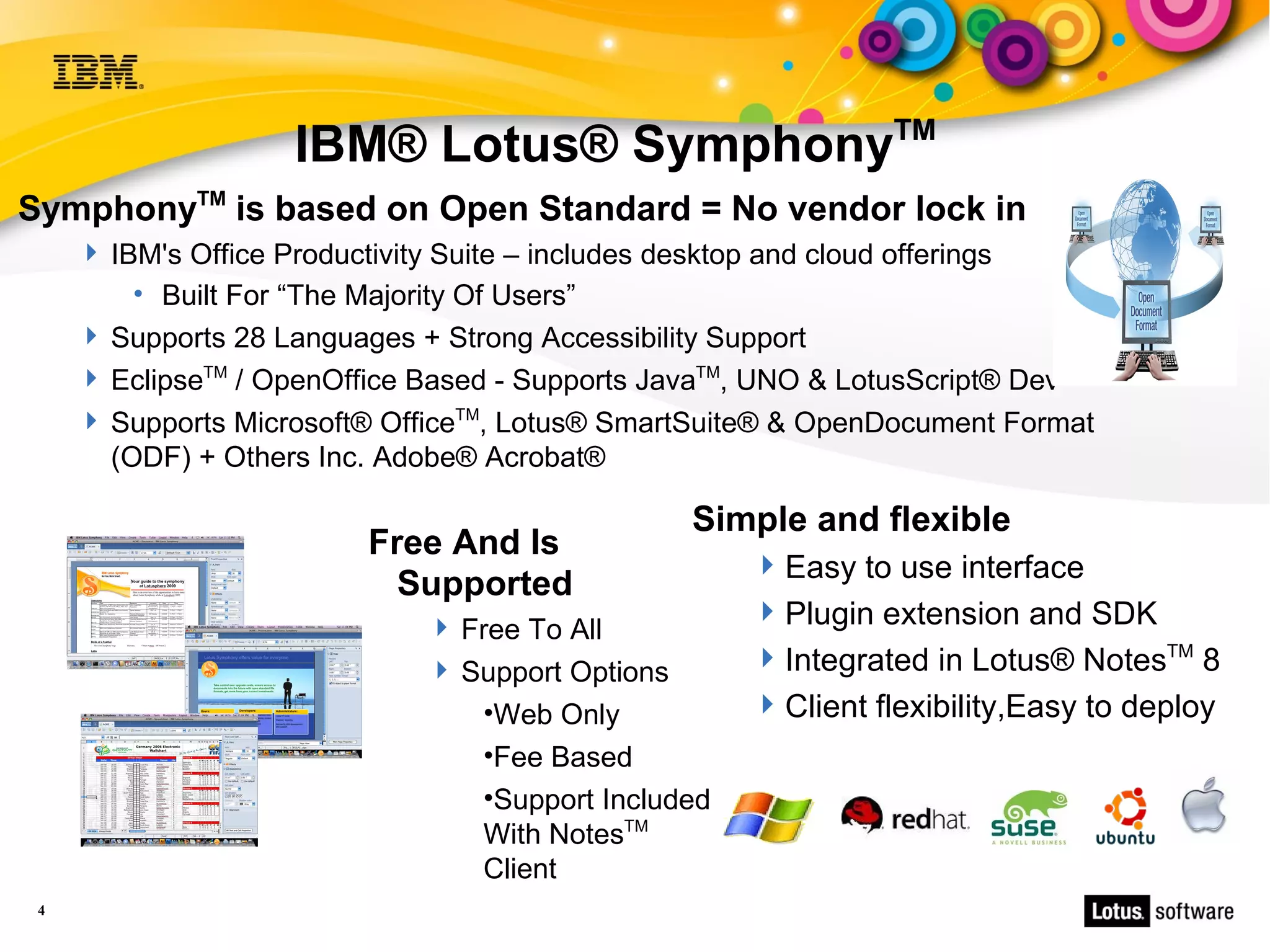 TM
                    IBM® Lotus® Symphony
SymphonyTM is based on Open Standard = No vendor lock in
      IBM's Office Productivity Suite – includes desktop and cloud offerings
         • Built For “The Majority Of Users”
      Supports 28 Languages + Strong Accessibility Support
      EclipseTM / OpenOffice Based - Supports JavaTM, UNO & LotusScript® Dev
      Supports Microsoft® OfficeTM, Lotus® SmartSuite® & OpenDocument Format
       (ODF) + Others Inc. Adobe® Acrobat®

                                                 Simple and flexible
                         Free And Is
                                                      Easy to use interface
                           Supported
                              Free To All
                                                      Plugin extension and SDK
                              Support Options        Integrated in Lotus® NotesTM 8
                                 •Web Only            Client flexibility,Easy to deploy
                                 •Fee Based
                                 •Support Included
                                 With NotesTM
                                 Client
 4
 
