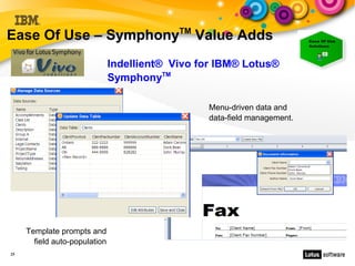 TM
Ease Of Use – Symphony                           Value Adds
                               Indellient® Vivo for IBM® Lotus®
                               SymphonyTM

                                                  Menu-driven data and
                                                  data-field management.




     Template prompts and
       field auto-population
25
 