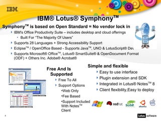 TM
                    IBM® Lotus® Symphony
SymphonyTM is based on Open Standard = No vendor lock in
      IBM's Office Productivity Suite – includes desktop and cloud offerings
         • Built For “The Majority Of Users”
      Supports 28 Languages + Strong Accessibility Support
      EclipseTM / OpenOffice Based - Supports JavaTM, UNO & LotusScript® Dev
      Supports Microsoft® OfficeTM, Lotus® SmartSuite® & OpenDocument Format
       (ODF) + Others Inc. Adobe® Acrobat®

                                                 Simple and flexible
                         Free And Is
                                                      Easy to use interface
                           Supported
                              Free To All
                                                      Plugin extension and SDK
                              Support Options        Integrated in Lotus® NotesTM 8
                                 •Web Only            Client flexibility,Easy to deploy
                                 •Fee Based
                                 •Support Included
                                 With NotesTM
                                 Client
 4
 