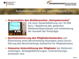 Aufgabenspektrum der Geschäftsstelle (III)


   Organisation des Wettbewerbes „Kompetenznetz“
                   mit einer Gesamtdotierung von 35.000
                   Euro / Begleitung des gesamten
                   Wettbewerbsprozesses und Vorbereitung
                   der Auswahl der Preisträger


   Qualitätssicherung des Mitgliederbestandes und
    Entwicklung eines Benchmarking-Konzeptes sowie Durch-
    führung des Benchmarkings (kostenfrei für Mitgliedsnetze)

   Intensive Unterstützung der Mitglieder bei Weiterent-
    wicklungen, Strategiedefinierungen, Umorientierungs-
    prozessen usw.
                                                                Seite 9
 