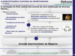 A IDENTIFICAÇÃO E CAPTURA DA OPORTUNIDADE

A Idéia

A Solução que a Natureza Agradece

A concepção do Pack Less se deu através de uma combinação de diversos
fatores...
Fatores Iniciais:

Conhecimento
Necessidades do Setor
Petroquímico

Inicialmente trabalhamos com
diferentes materiais buscando a
resistência mecânica necessária para
o produto...

Tendência do Mercado
Ausência de
Alternativas
Alto Custo da Logística
Reversa

... Mas com o passar do tempo
buscamos desenvolver o produto com
um único material para que tivesse o
real apelo de reciclabilidade

Grande Oportunidade de Negócio

www.packless.com.br – packless@packless.com.br – fone:+55 11 4702 9076

26

 