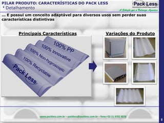 PILAR PRODUTO: CARACTERÍSTICAS DO PACK LESS

Detalhamento

A Solução que a Natureza Agradece

... E possui um conceito adaptável para diversos usos sem perder suas
características distintivas

Principais Características

Variações do Produto

www.packless.com.br – packless@packless.com.br – fone:+55 11 4702 9076

8

 