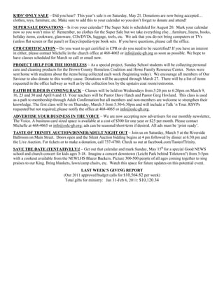 KIDS‟ ONLY SALE – Did you hear? This year‟s sale is on Saturday, May 21. Donations are now being accepted…
clothes, toys, furniture, etc. Make sure to add this to your calendar so you don‟t forget to donate and attend!
SUPER SALE DONATIONS – Is it on your calendar? The Super Sale is scheduled for August 20. Mark your calendar
now so you won‟t miss it! Remember, no clothes for the Super Sale but we take everything else…furniture, linens, books,
holiday items, cookware, glassware, CDs/DVDs, luggage, tools, etc. We ask that you do not bring computers or TVs
(unless flat screen or flat panel) or Encyclopedia-type book sets. If you have questions, please call the office.
CPR CERTIFICATION – Do you want to get certified in CPR or do you need to be recertified? If you have an interest
in either, please contact Michelle in the church office at 468-4065 or info@oslc-gb.org as soon as possible. We hope to
have classes scheduled for March so call or email now.
PROJECT HELP FOR THE HOMELESS – As a special project, Sunday School students will be collecting personal
care and cleaning products for the Brown County Homeless Coalition and Howe Family Resource Center. Notes were
sent home with students about the items being collected each week (beginning today). We encourage all members of Our
Saviour to also donate to this worthy cause. Donations will be accepted through March 27. There will be a list of items
requested in the office hallway as well as by the collection box by the upstairs coat room/restrooms.
FAITH BUILDER IS COMING BACK – Classes will be held on Wednesdays from 5:20 pm to 6:20pm on March 9,
16, 23 and 30 and April 6 and 13. Your teachers will be Pastor Dave Hatch and Pastor Greg Hovland. This class is used
as a path to membership through Adult Confirmation but all members and non-members are welcome to strengthen their
knowledge. The first class will be on Thursday, March 3 from 5:30-6:30pm and will include a Talk „n Tour. RSVPs
requested but not required; please notify the office at 468-4065 or info@oslc-gb.org.
ADVERTISE YOUR BUSINESS IN THE VOICE – We are now accepting new advertisers for our monthly newsletter,
The Voice. A business card sized space is available at a cost of $300 for one year or $25 per month. Please contact
Michelle at 468-4065 or info@oslc-gb.org; ads can be seasonal/short-term if desired. All ads must be „print ready‟.
TASTE OF TRINITY AUCTION/DINNER/ADULT NIGHT OUT – Join us on Saturday, March 5 at the Riverside
Ballroom on Main Street. Doors open and the Silent Auction bidding begins at 4 pm followed by dinner at 6:30 pm and
the Live Auction. For tickets or to make a donation, call 737-4780. Check us out at facebook.com/TasteofTrinity.
SAVE THE DATE (TENTATIVELY)! – Get out that calendar and mark Sunday, May 15th for a special Good NEWS
school and church concert for kids ages 3-18. Imagine a concert downtown (Leicht Park behind Titletown?) from 3-5pm
with a cookout available from the NEWLHS Blazer Backers. Picture 300-500 people of all ages coming together to sing
praises to our King. Bring blankets, lawn/camp chairs, etc. Watch this space for future updates on this potential event.
                                           LAST WEEK‟S GIVING REPORT
                               (Our 2011 approved budget calls for $10,564.82 per week)
                                Total gifts for ministry: Jan 31-Feb 6, 2011: $10,120.34
 