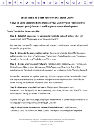  

              Social Media To Boost Your Personal Brand Online  

  7 keys to using social media to increase your visibility and reputation to 
        support your job search and long term career development 
Create Your Online Networking Plan 

   Step 1 – Establish your goals for using social media to network online: what will 
   success look like? Who do you want to connect with?  
    
   For example the specific target audience of prospects, colleagues, past employers and 
   in specific geographies 

   Step 2 – Listen to the conversation online:  Google.com/Alerts, SocialMention.com, 
   Addictomatic.com, Search.Twitter.com, Twilert.com, SocialMention.com, Topsy.com, 
   Search on Facebook.com/YouTube.com/Flickr.com 

   Step 3 – Decide where you will network: Facebook.com, Ecademy.com, Twitter.com, 
   LinkedIn.com, Naymz.com, Worky.com, SkillsPages.com, Xing.com, BranchOut 
   Application on Facebook.com (LinkedIn support for graduates ‐ http://bgn.bz/ligrads).  
    
   Remember to review your privacy settings. Ensure that you research and understand 
   the key words relevant to your sector and specialism that people will search for in 
   when looking for someone with your skills and experience 

   Step 4 – Own your place in Cyberspace: Blogger.com, Wordpress.com, 
   Posterous.com, Typepad.com, Wordpress.org, About.me, Hubze.com, VisualCV.com – 
   consider purchasing your own domain name.  
    
   Explore how you can encourage people you meet offline at conferences and events to 
   connect to you online particularly through LinkedIn 

   Step 5 – Repurpose your content into multimedia formats: Slideshare.net, 
   Audioboo.com, YouTube.com, Prezi.com to share your knowledge and expertise 

    
            BizGrowthNews.com | Facebook.com/MarketingMentor | Facebook.com/BizGrowthMedia
                            YouTube.com/BizGrowthTV l Twitter.com/KrishnaDe

                                          © Krishna De, 2011
                                                  1

                                                   
 