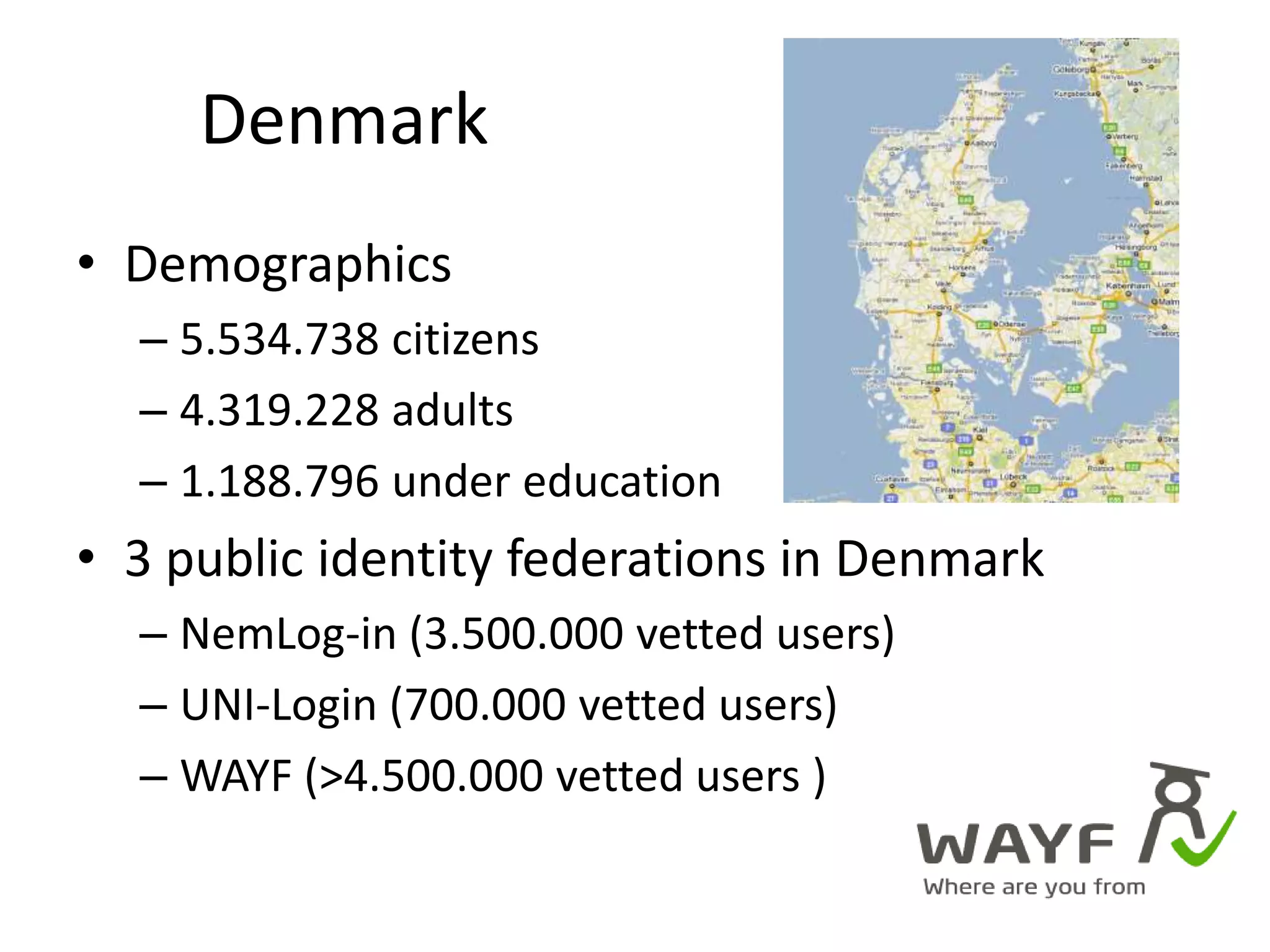 Demographics5.534.738 citizens4.319.228 adults1.188.796 under education3 public identity federations in DenmarkNemLog-in (3.500.000 vetted users)UNI-Login (700.000 vetted users)WAYF (>4.500.000 vetted users )Denmark