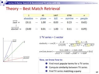 Theory − Best Match Retrieval
17
Series-O-Rama: Search & Recommend TV series with SQL Guillaume Cabanac
1 TV series = 1 vector
1 45 1467 6790 n
Now, we know how to:
 Find most popular termspopular terms for a TV series
 Compute similaritysimilarity between TV series
 Find TV series matching a querymatching a query
 