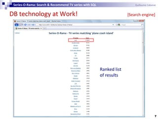DB technology at Work! [Search engine]
7
Series-O-Rama: Search & Recommend TV series with SQL Guillaume Cabanac
Ranked list
of results
 