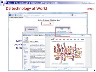 DB technology at Work! [Infos]
8
Series-O-Rama: Search & Recommend TV series with SQL Guillaume Cabanac
Most
popular
terms
Most
related
series
 
