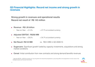 Q3 Financial Highlights: Record net income and strong growth in
revenues
Strong growth in revenues and operational results
Record net result of R$ 143 million
Revenue : R$1.59 billion
• Year-on-Year: + 31.3% + 47.7% at constant currency
3
* Adjusted EBITDA : EBITDA excluding non recurring items from discontinued operations, accounting effect of the adjustment in the fair value of the
biological assets and financial instruments
Adjusted EBITDA*: R$260 MM
• Year-on-Year: + 28.2% + 34.7% at constant currency
Net Result: R$143 MM vs. R$14 MM in Q3 2009/10
Sugarcane: Significant growth fueled by capacity investments, acquisitions and strong
market conditions
Cereal: Initial contribution from new contracts and strong demand benefits revenues
 