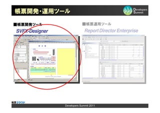 帳票開発・運用ツール

■帳票開発ツール               ■帳票運用ツール




           Developers Summit 2011
 