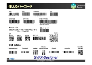 使えるバーコード




GS1 DataBar
                                          Stacked                              Expanded
Omnidirectional   Truncated   Stacked   Omnidirectional   Limited   Expanded    Stacked




                                    Developers Summit 2011
 