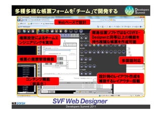 多種多様な帳票フォームを「チーム」で開発する
             Webベースで設計

                                  簡易伝票ソフトではなくSVFX-
 権限設定によるチームエ                      Designerと同等以上の機能を
 ンジニアリングを実現                       持ち複雑な帳票を作成可能



 帳票の履歴管理機能                                    多国語対応



                                        設計時のレイアウト作成を
  コンテンツ機能                               補助するレイアウター搭載
   （部品化）




               Developers Summit 2011
 