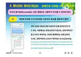 4. Mobile Web/Apps             – 장애인과 모바일 사용자 애로점

인식의 용이성(Perceivable): 모든 콘텐츠는 사용자가 인식할 수 있어야 한다.


 P.1   색상에 무관한 인식(색상에만 의존하여 정보를 제공하지 말라)


                색각 이상은 대단히 흔한 이상으로 전체 남자인구의 약

                5~8%, 서양에서는 전체 남자인구 중 8%, 전체 여자인구

                중 0.5%가 색각이상, 국내의 통계에서는 전체 남자의

                5.9%, 전체 여자의 0.4%가 색각이상 (국가건강정보포털,
                http://health.mw.go.kr/HealthInfoArea/HealthInfo01.aspx?CategoryName=%uac74

                %uac15%uc815%ubcf4%28%uc131%uc778%29&Mode=View&CurrentPage=6&I


                DX=4550&CID=9843C33187#ContentArea    )

                               24                                            현 준 호
 