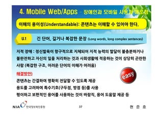 4. Mobile Web/Apps          – 장애인과 모바일 사용자 애로점

이해의 용이성(Understandable): 콘텐츠는 이해할 수 있어야 한다.


 U.1    긴 단어, 길거나 복잡한 문장 (Long words, long complex sentences)

지적 장애 : 정신발육이 항구적으로 지체되어 지적 능력의 발달이 불충분하거나
불완전하고 자신의 일을 처리하는 것과 사회생활에 적응하는 것이 상당히 곤란한
사람 (복잡한 구조, 어려운 단어의 이해가 어려움)

해결방안)
콘텐츠는 간결하여 명확히 전달할 수 있도록 제공
용도를 고려하여 특수기호(구두점, 방점 등)를 사용
평이하고 보편적인 용어를 사용하는 것이 바람직, 용어 도움말 제공 등


                             37                       현 준 호
 