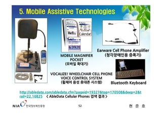 5. Mobile Assistive Technologies




                                         Earware Cell Phone Amplifier
                     MOBILE MAGNIFIER        (청각장애인용 증폭기)
                         POCKET
                      (모바일 확대기)

                VOCALIZE! WHEELCHAIR CELL PHONE
                    VOICE CONTROL SYSTEM
                    (휠체어 음성 휴대폰 시스템)          Bluetooth Keyboard

http://abledata.com/abledata.cfm?pageid=19327&top=170508&deep=2&t
rail=22,10825 < AbleData Cellular Phones 검색 결과 >

                               52                         현 준 호
 