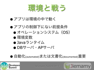 •
•
 •                                    OS
 •
 • Java
 • DB          AP

•     (automated)                     (documented)



             Developers Summit 2011
 