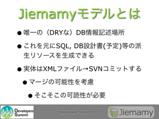 Jiemamy
•      DRY           DB

•       SQL, DB                      (   )


•     XML               →SVN

 •
  •
            Developers Summit 2011
 