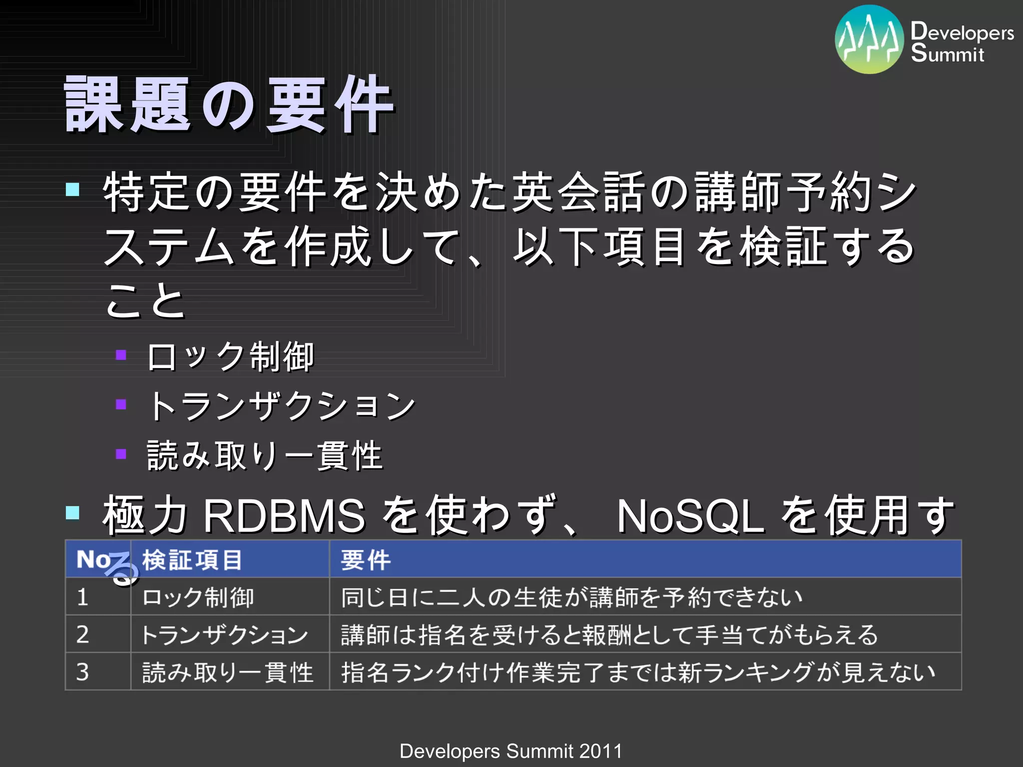 課題の要件 特定の要件を決めた英会話の講師予約システムを作成して、以下項目を検証すること ロック制御 トランザクション 読み取り一貫性 極力 RDBMS を使わず、 NoSQL を使用する 