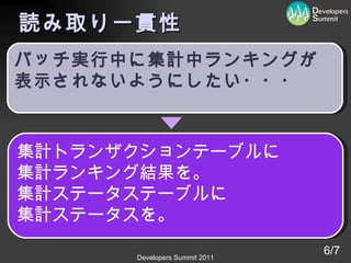 読み取り一貫性 6/7 バッチ実行中に集計中ランキングが 表示されないようにしたい ・・・ 集計トランザクションテーブルに 集計ランキング結果を。 集計ステータステーブルに 集計ステータスを。 