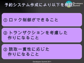 予約システム作成により以下を検証 ① ロック制御ができること ② トランザクションを考慮した 作りになること ③ 読取一貫性に応じた　 作りになること 