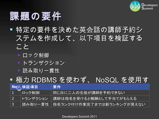 課題の要件 特定の要件を決めた英会話の講師予約システムを作成して、以下項目を検証すること ロック制御 トランザクション 読み取り一貫性 極力 RDBMS を使わず、 NoSQL を使用する 