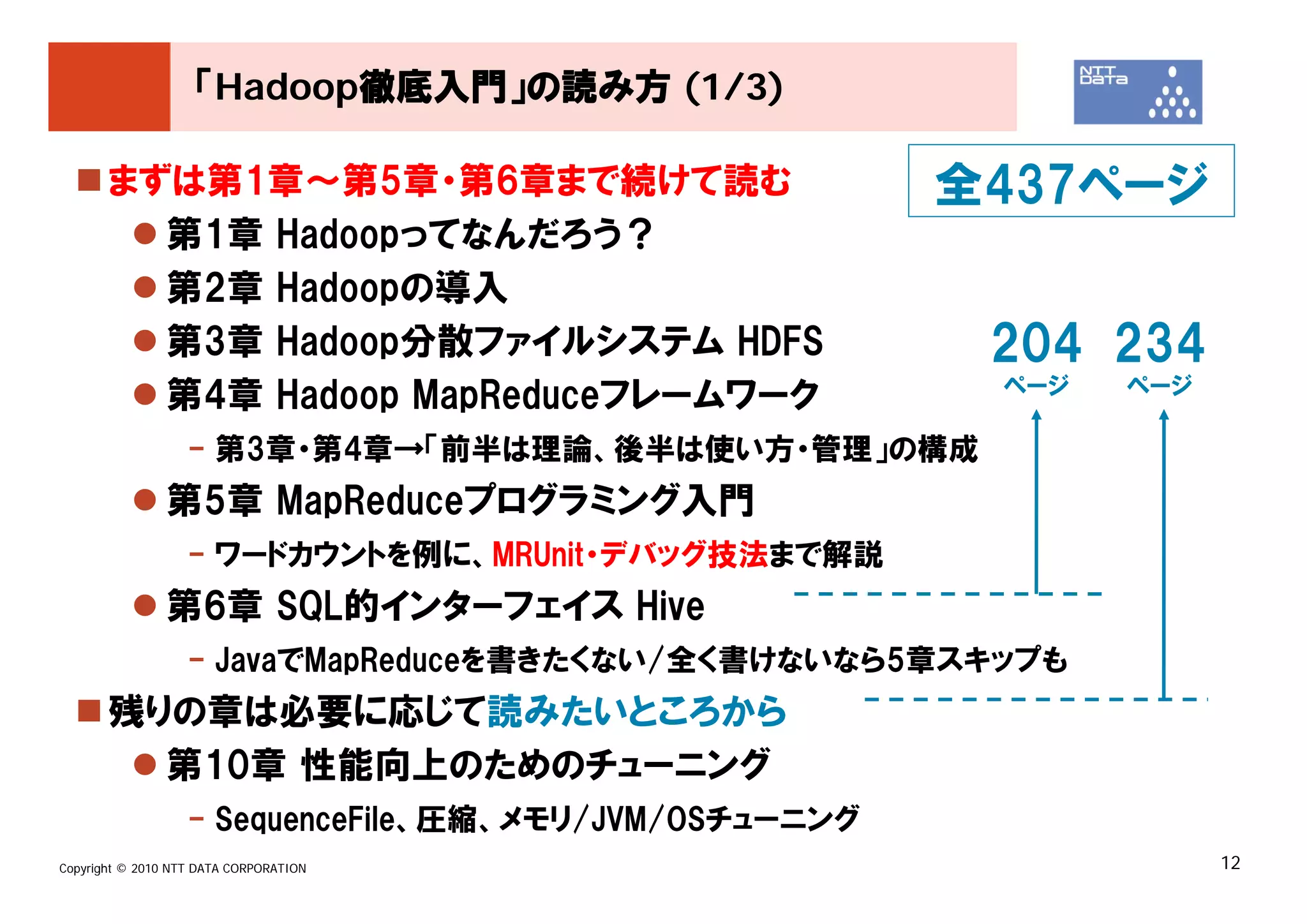 「Hadoop徹底入門」の読み方 (1/3)

       まずは第1章～第5章・第6章まで続けて読む                            全437ページ
         第1章 Hadoopってなんだろう？
         第2章 Hadoopの導入
         第3章 Hadoop分散ファイルシステム HDFS                       204 234
                                                         ページ   ページ
         第4章 Hadoop MapReduceフレームワーク
                   - 第3章・第4章→「前半は理論、後半は使い方・管理」の構成
               第5章 MapReduceプログラミング入門
                   - ワードカウントを例に、MRUnit・デバッグ技法まで解説
               第6章 SQL的インターフェイス Hive
                   - JavaでMapReduceを書きたくない/全く書けないなら5章スキップも
       残りの章は必要に応じて読みたいところから
         第10章 性能向上のためのチューニング
                   - SequenceFile、圧縮、メモリ/JVM/OSチューニング
Copyright © 2010 NTT DATA CORPORATION                                12
 
