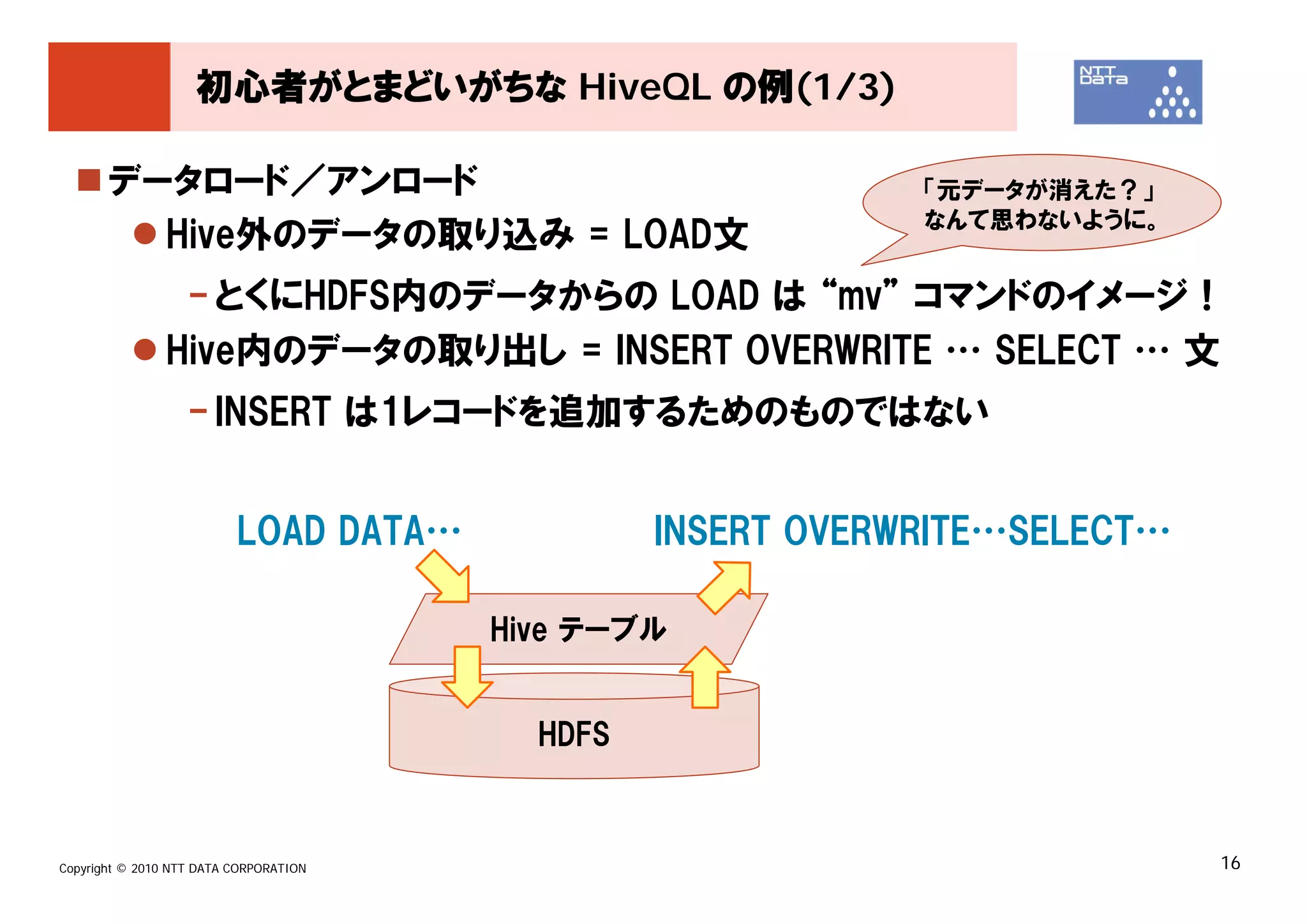 初心者がとまどいがちな HiveQL の例(1/3)

       データロード／アンロード                                          「元データが消えた？」
                                                             なんて思わないように。
         Hive外のデータの取り込み = LOAD文
                - とくにHDFS内のデータからの LOAD は “mv” コマンドのイメージ！
               Hive内のデータの取り出し = INSERT OVERWRITE … SELECT … 文
                   - INSERT は1レコードを追加するためのものではない


                          LOAD DATA…             INSERT OVERWRITE…SELECT…

                                        Hive テーブル


                                          HDFS



Copyright © 2010 NTT DATA CORPORATION                                       16
 