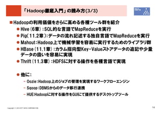 「Hadoop徹底入門」 の読み方(3/3)

       Hadoopの利用価値をさらに高める各種ツール群を紹介
          Hive(6章)：SQL的な言語でMapReduceを実行
          Pig（11.2章）：データの流れ記述する独自言語でMapReduceを実行
          Mahout：Hadoop上で機械学習を容易に実行するためのライブラリ群
          HBase(11.1章)：カラム指向型Key-Valueストアデータの追記や少量
          データの扱いを容易に実現
          Thrift(11.3章)：HDFSに対する操作を各種言語で実現

               他に：
                   - Oozie：Hadoop上のジョブの管理を実現するワークフローエンジン
                   - Sqoop：DBMSからのデータ移行連携
                   - HUE:Hadoopに対する操作をGUIにて提供するデスクトップツール


Copyright © 2010 NTT DATA CORPORATION                      14
 