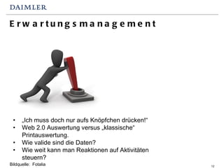 Erwartungsmanagement Bildquelle:  Fotalia „ Ich muss doch nur aufs Knöpfchen drücken!“ Web 2.0 Auswertung versus „klassische“ Printauswertung. Wie valide sind die Daten? Wie weit kann man Reaktionen auf Aktivitäten steuern? 
