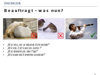 Beauftragt - was nun? „ Was will ich in welcher Güte wissen?“ „ Wie viel Zeit habe ich dafür ?“ „ Was erwarte ich vom Tool?“ „ Wie kann ein Reporting aussehen?“    