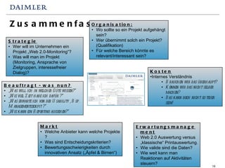 Zusammenfassung Strategie Wer will im Unternehmen ein Projekt „Web 2.0-Monitoring“? Was will man im Projekt (Monitoring, Ansprache von Zielgruppen, interessefreier Dialog)? Kosten Internes Verständnis  Brauchen wir das überhaupt? Können wir das nicht selber machen? Das kann doch nicht so teuer sein! Organisation: Wo sollte so ein Projekt aufgehängt sein? Wer übernimmt solch ein Projekt? (Qualifikation) Für welche Bereich könnte es relevant/interessant sein? Markt Welche Anbieter kann welche Projekte ? Was sind Entscheidungskriterien? Bewertungsschwierigkeiten durch innovativen Ansatz („Äpfel & Birnen“) Beauftragt - was nun? „ Was will ich in welcher Güte wissen?“ „ Wie viel Zeit habe ich dafür ?“ „ Was erwarte ich von der Usability , Bsp. Managementcockpit ?“ „ Wie kann ein Reporting aussehen?“ Erwartungsmanagement Web 2.0 Auswertung versus „klassische“ Printauswertung. Wie valide sind die Daten? Wie weit kann man Reaktionen auf Aktivitäten steuern? 