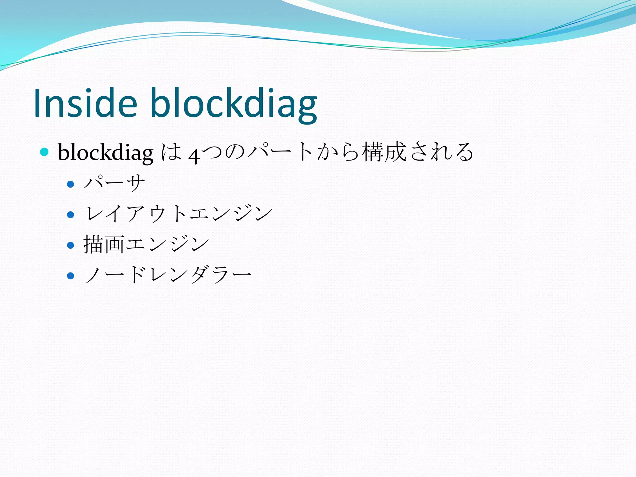 Inside blockdiagblockdiagは 4つのパートから構成されるパーサレイアウトエンジン描画エンジンノードレンダラー