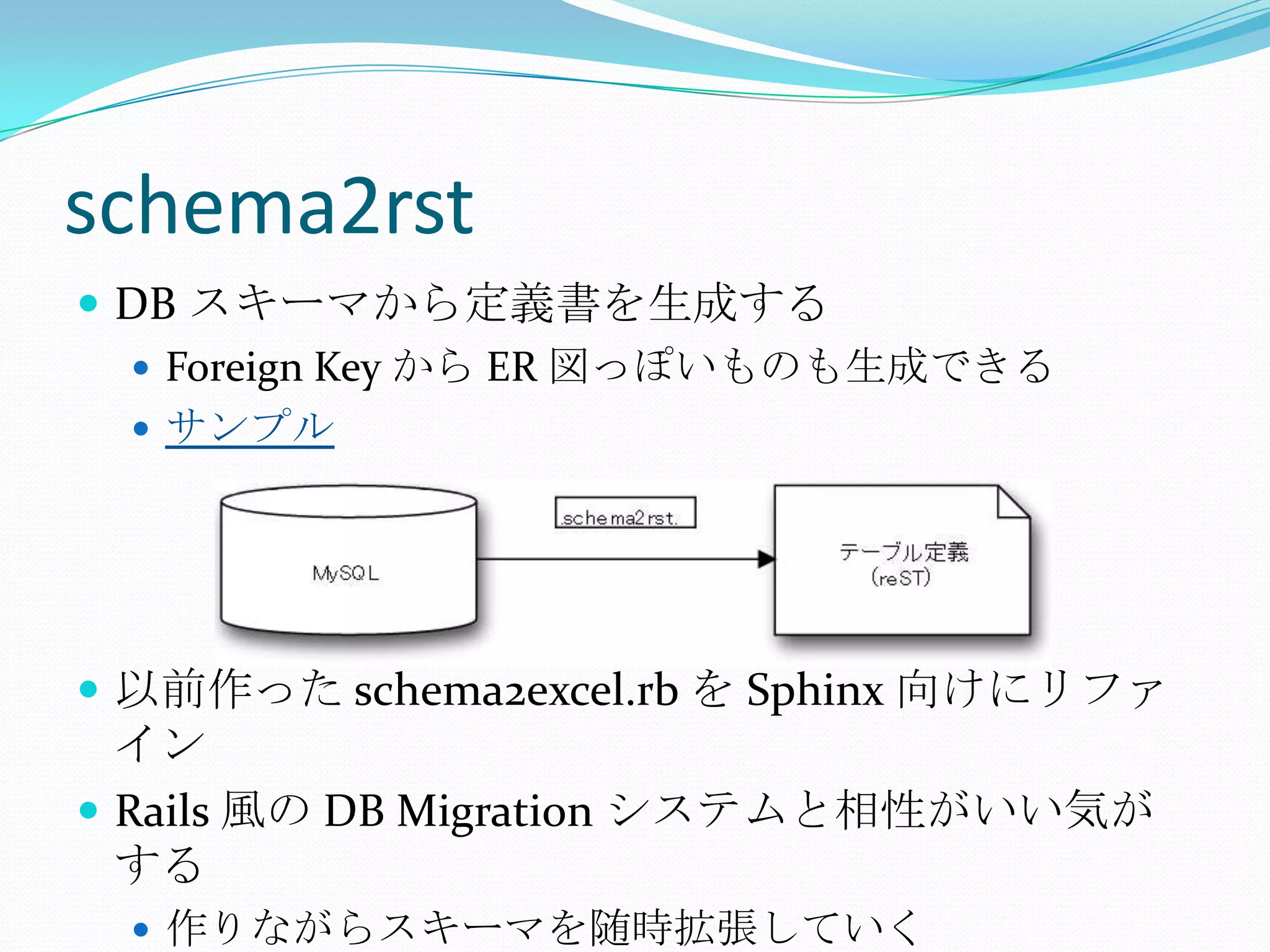 schema2rstDB スキーマから定義書を生成するForeign Key から ER 図っぽいものも生成できるサンプル以前作った schema2excel.rb を Sphinx 向けにリファインRails 風の DB Migration システムと相性がいい気がする作りながらスキーマを随時拡張していく